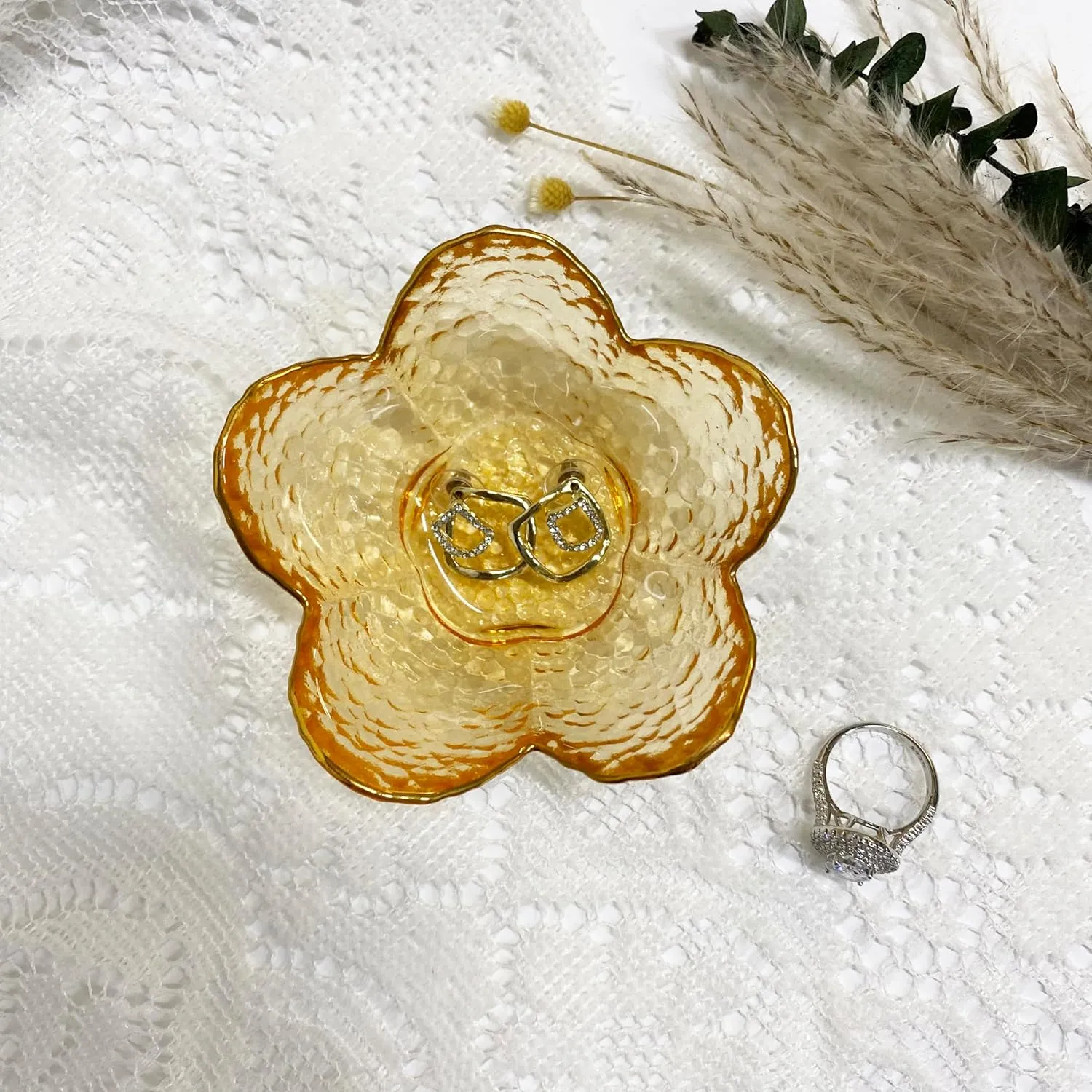 Flower Ring Dish Jewelry Tray, Decorative Glass Trinket Dish, Modern Accent Tray for Vanity Home Décor Bathroom (Crystal Amber)