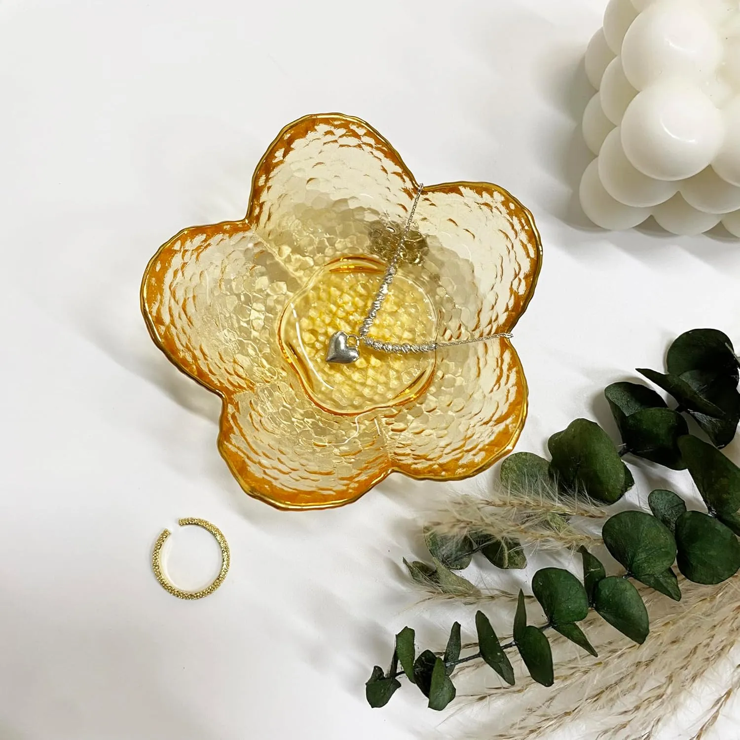 Flower Ring Dish Jewelry Tray, Decorative Glass Trinket Dish, Modern Accent Tray for Vanity Home Décor Bathroom (Crystal Amber)