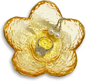 Flower Ring Dish Jewelry Tray, Decorative Glass Trinket Dish, Modern Accent Tray for Vanity Home Décor Bathroom (Crystal Amber)