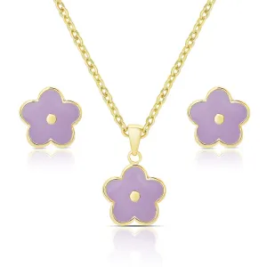 FLOWER STUD EARRINGS & NECKLACE SET - PURPLE