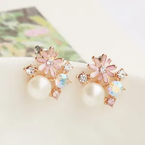 Flower style women&#39;s pearl earrings clips plated gold clip on earrings