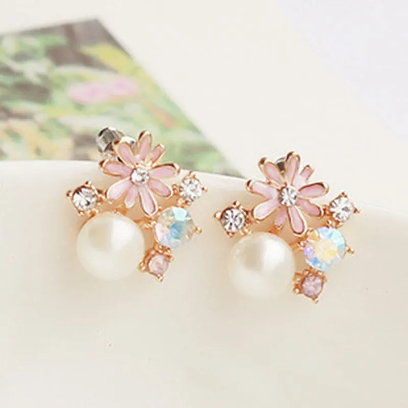 Flower style women&#39;s pearl earrings clips plated gold clip on earrings