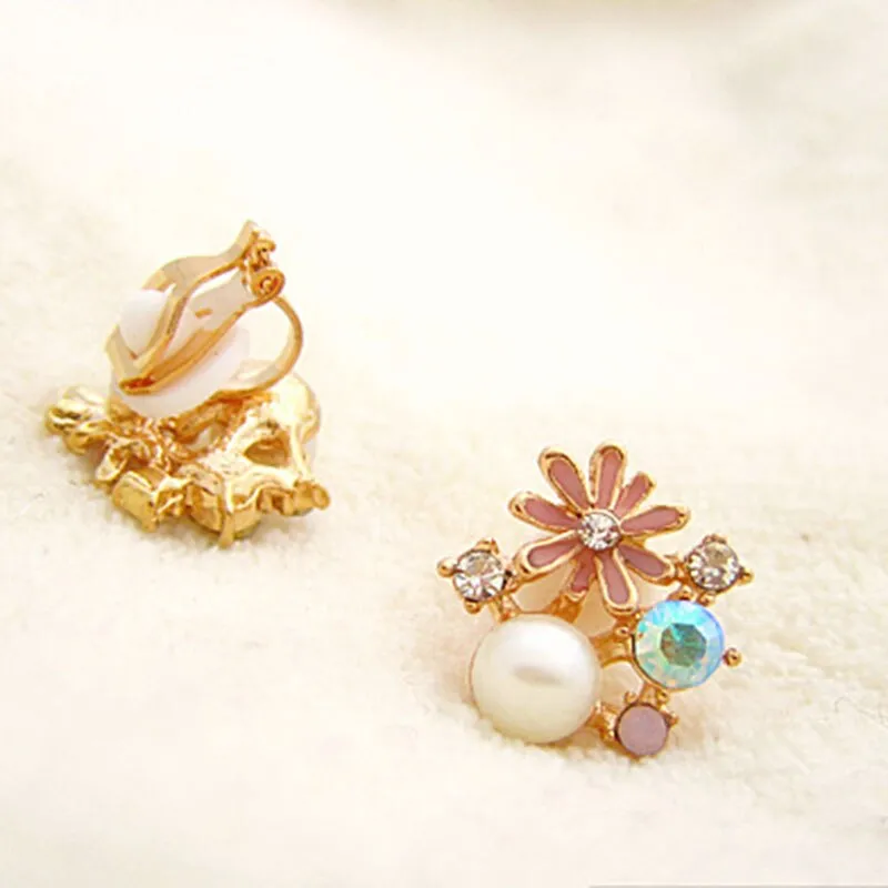 Flower style women&#39;s pearl earrings clips plated gold clip on earrings