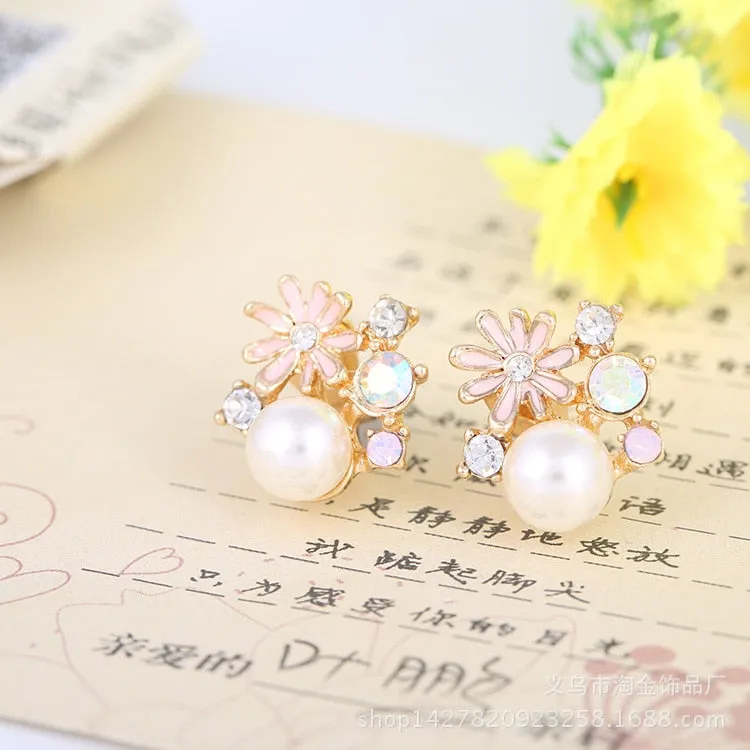 Flower style women&#39;s pearl earrings clips plated gold clip on earrings