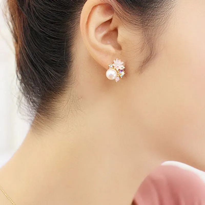 Flower style women&#39;s pearl earrings clips plated gold clip on earrings