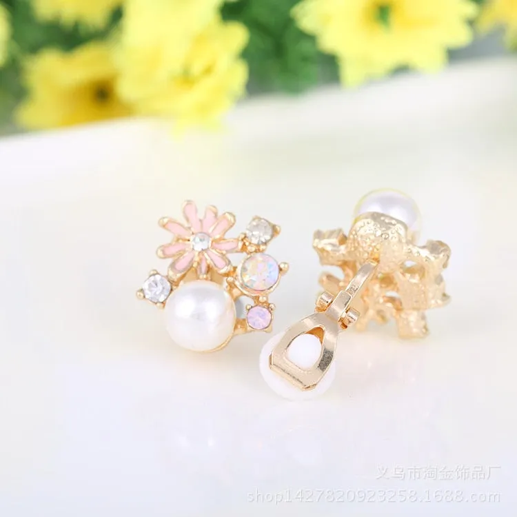 Flower style women&#39;s pearl earrings clips plated gold clip on earrings