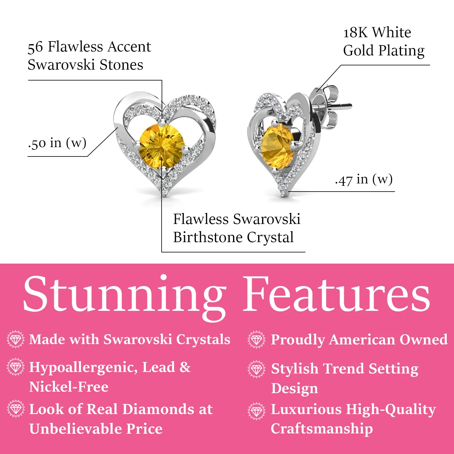 Forever November Birthstone Diamond 18k White Gold Plated Silver Double Heart Earrings with Swarovski Crystals