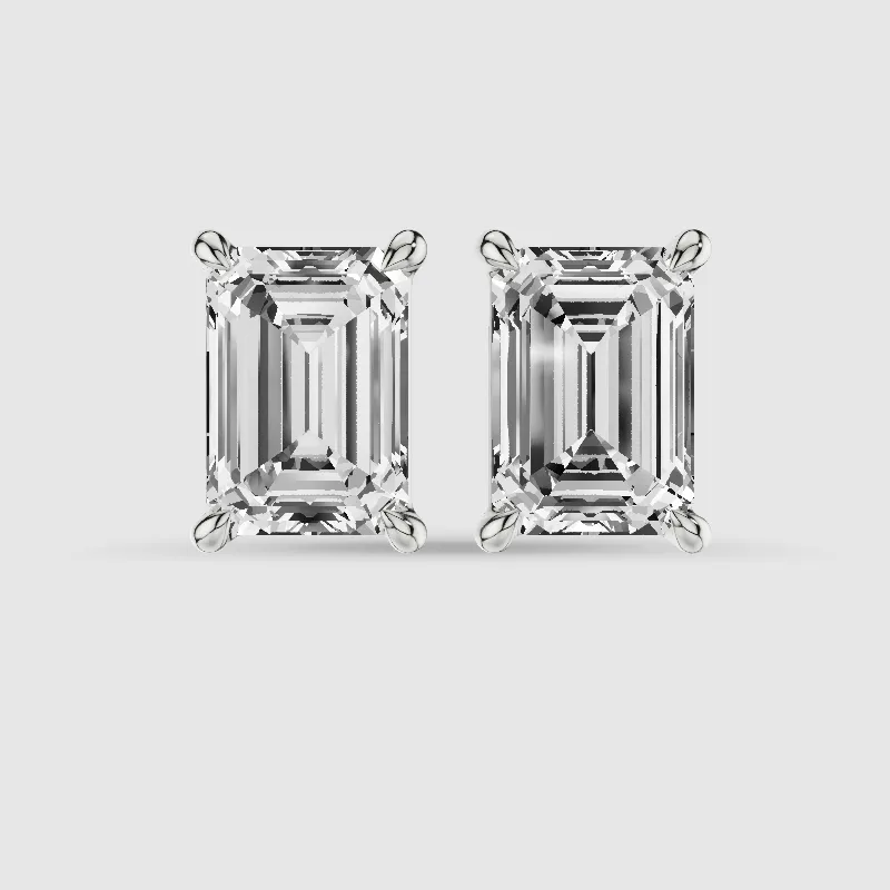 Four-Prong Solitaire Lab Grown Diamond Studs-Emerald Cut