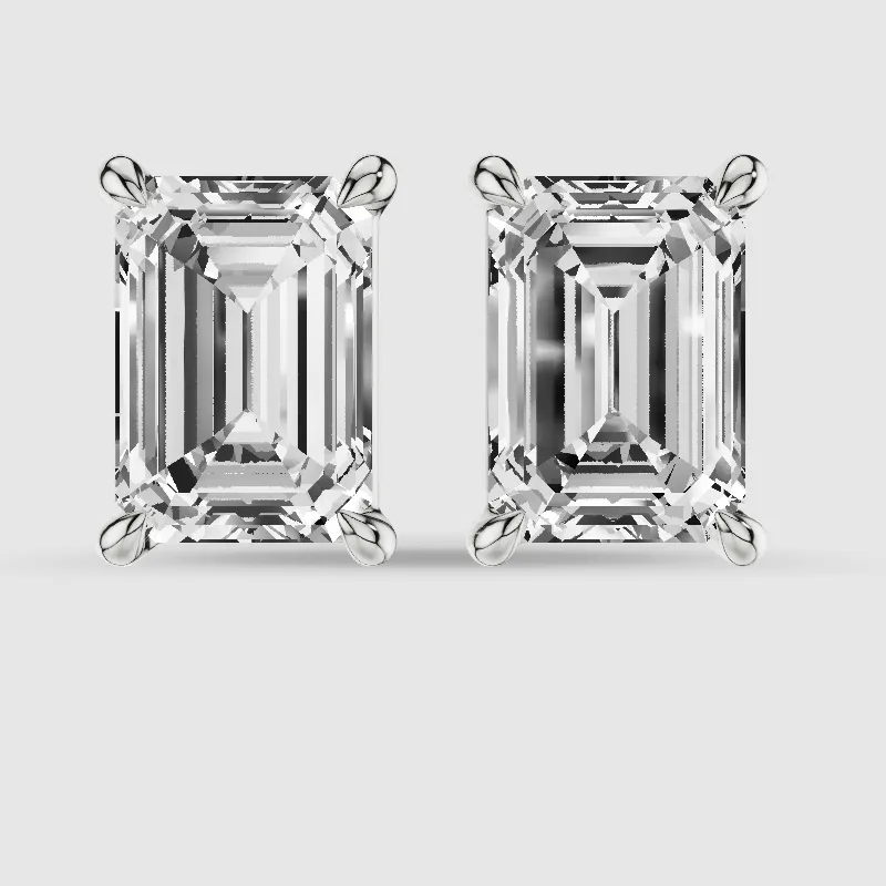 Four-Prong Solitaire Lab Grown Diamond Studs-Emerald Cut