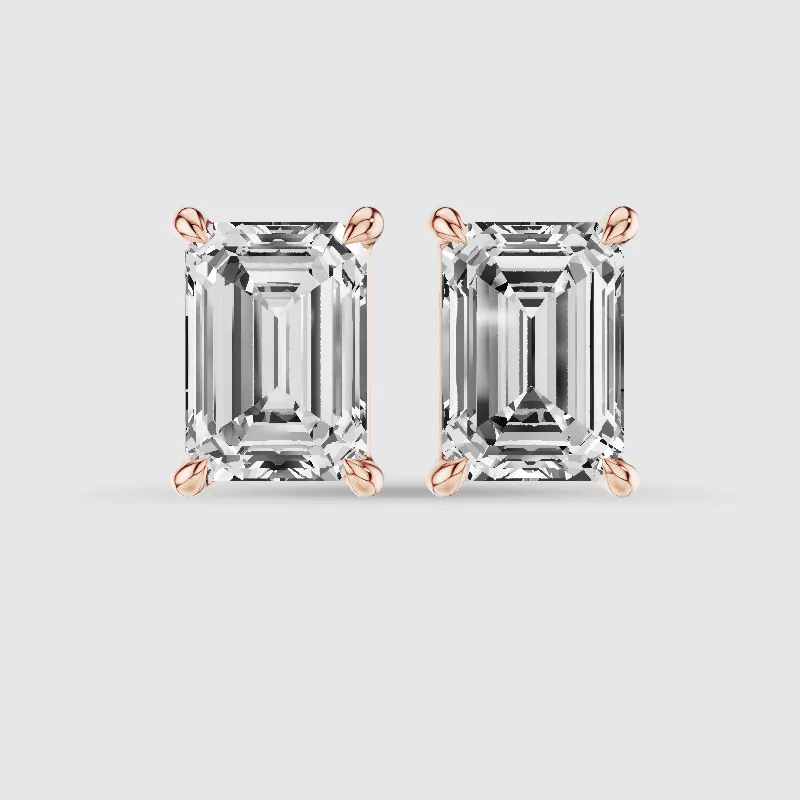 Four-Prong Solitaire Lab Grown Diamond Studs-Emerald Cut