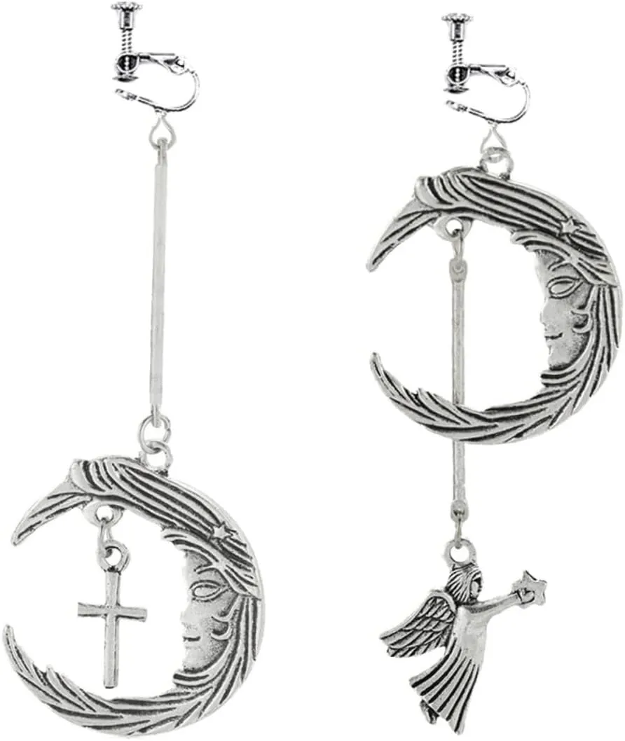 FRCOLOR 1 Pair Moon Angel Cross Pendant Dangling Earrings Silver Punk Ear Accessories for Birthdays Anniversaries and Celebrations Durable and Stylish Moon Shape Design