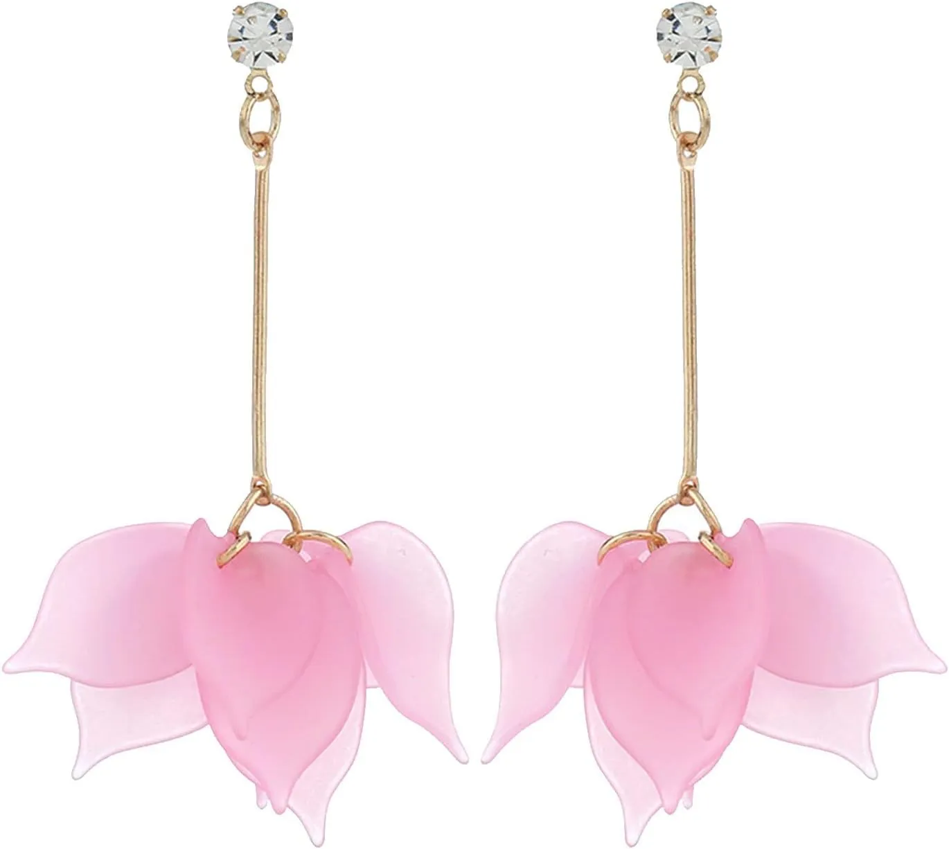 Frosted Multi-Layered Petal Earrings Solitaire Zircon Stud Drop Earrings Bohemian Dangle Earrings for Women (Pink, One Size)