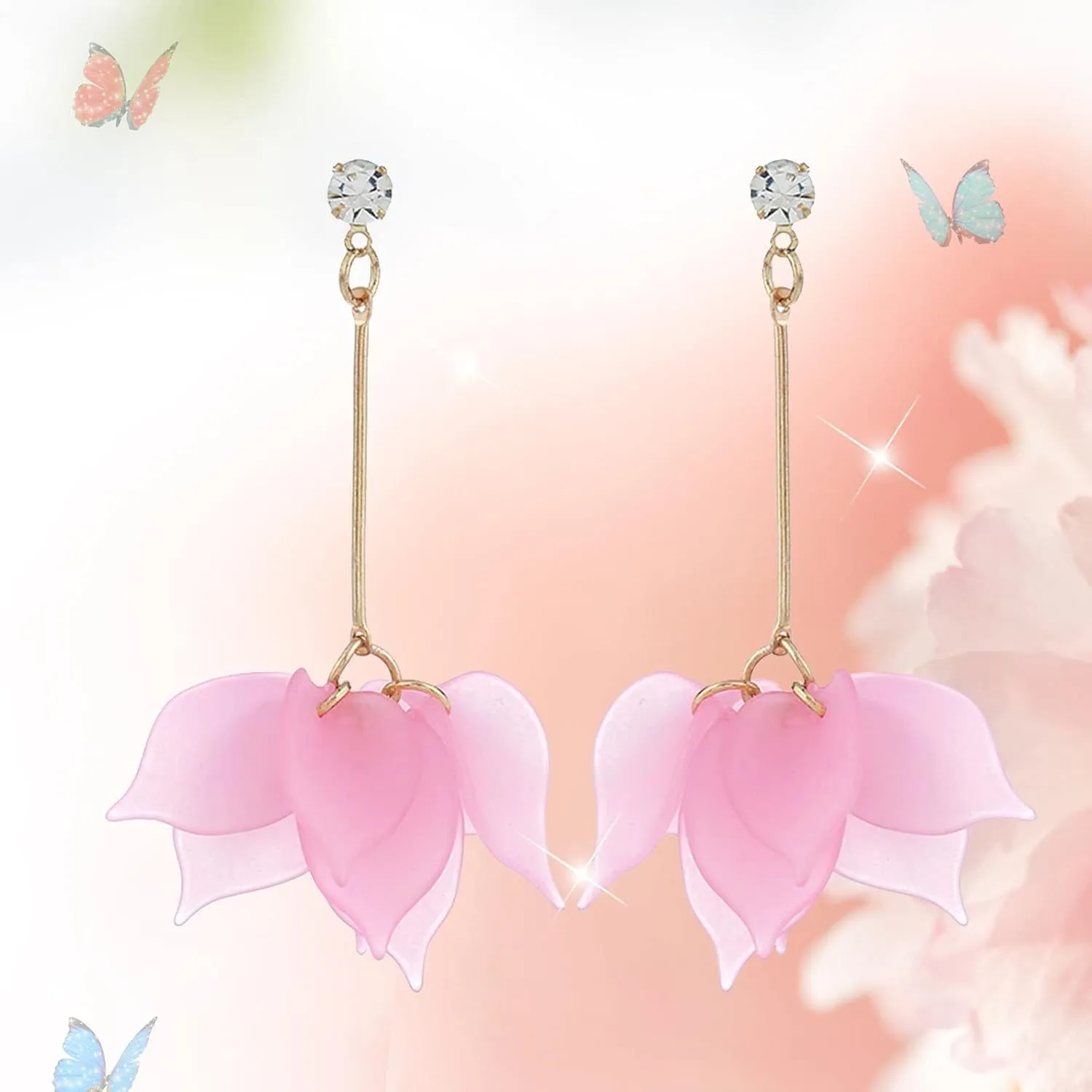Frosted Multi-Layered Petal Earrings Solitaire Zircon Stud Drop Earrings Bohemian Dangle Earrings for Women (Pink, One Size)