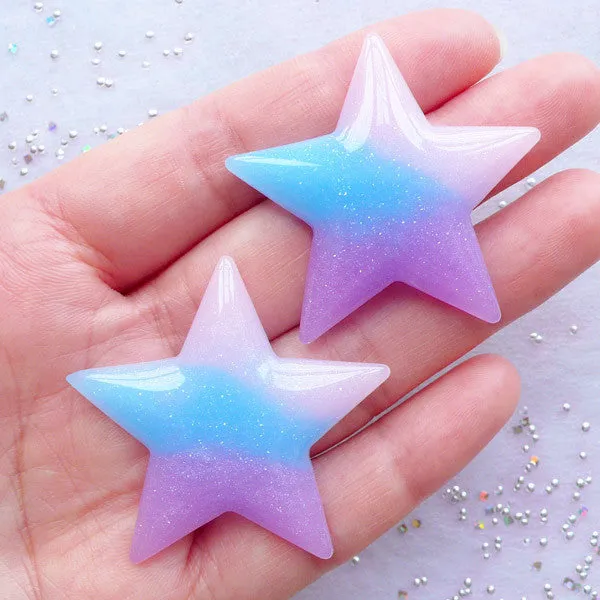Galaxy Gradient Star Cabochons with Shimmer Glitter | Glittery Pastel Star Cabochon | Fairy Kei Decoden | Pastel Kei Phone Case | Kawaii Supplies (2pcs / Pink Blue Purple / 40mm x 38mm / Flat Back)
