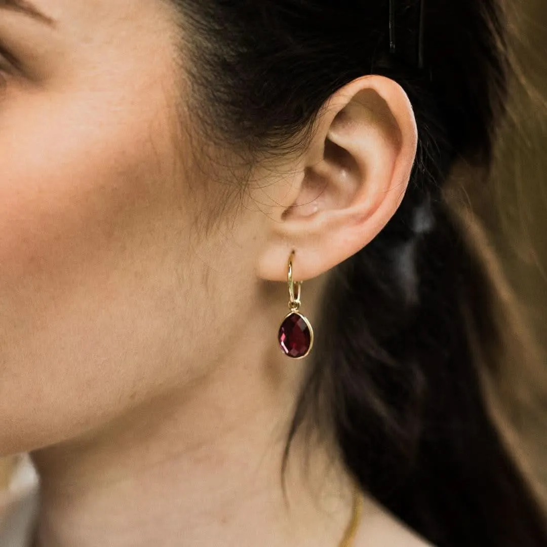 Garnet Drop Hoop Earrings | Silver - January