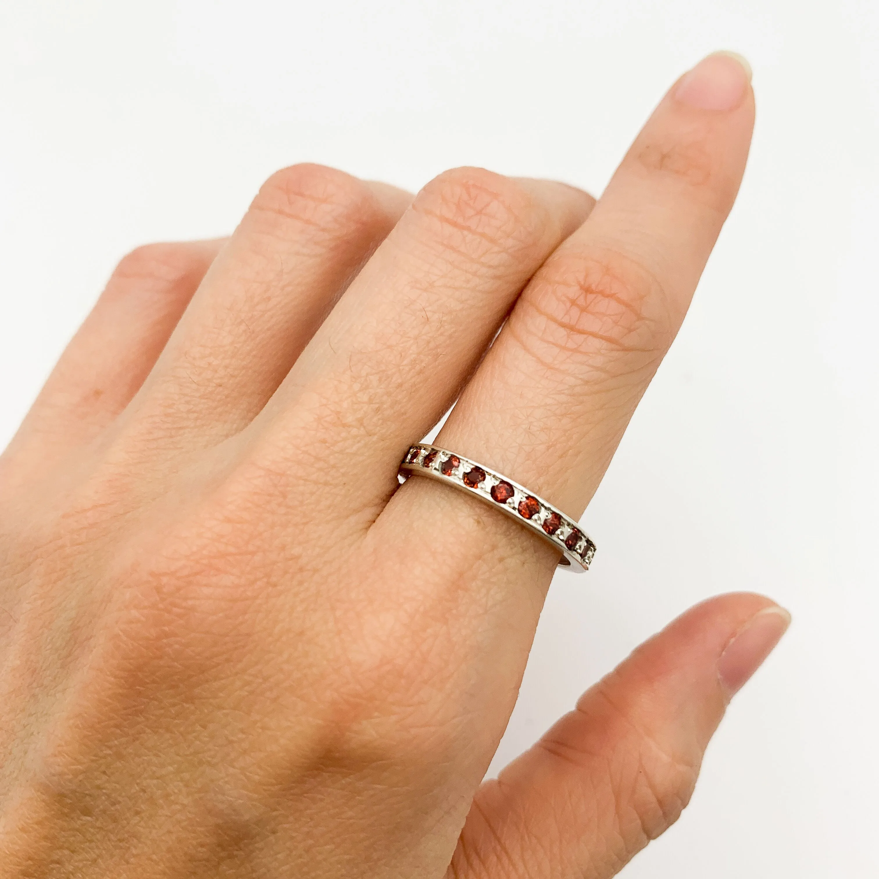 Garnet Eternity Band - January Birthstone - Stackable Silver Ring