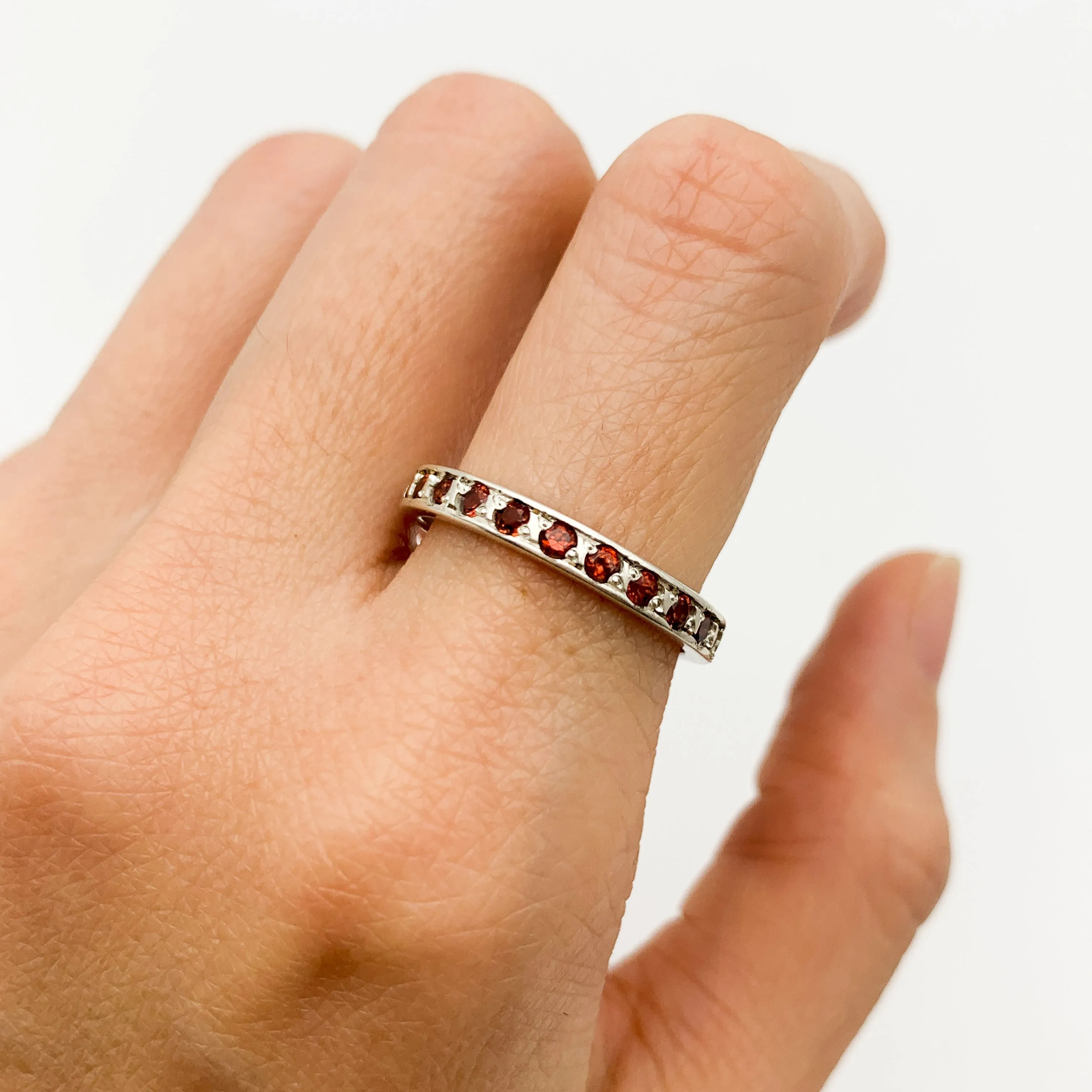 Garnet Eternity Band - January Birthstone - Stackable Silver Ring