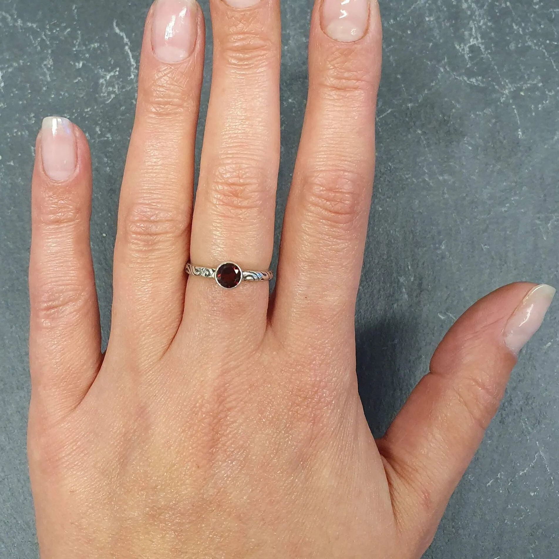 Garnet Ring - Red Boho Ring - Engraved Tribal Ring