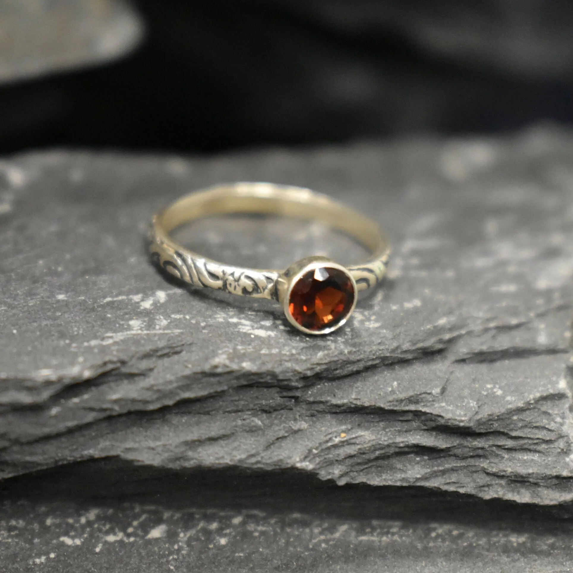 Garnet Ring - Red Boho Ring - Engraved Tribal Ring