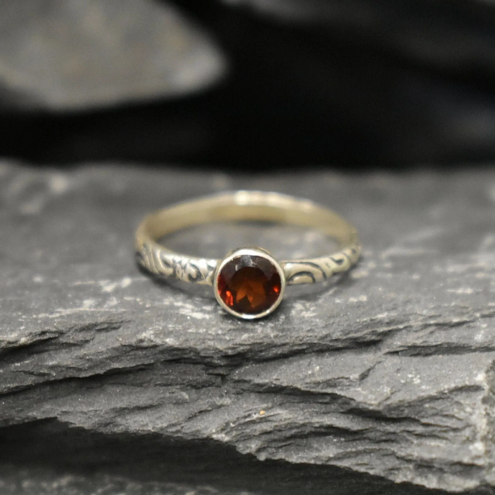 Garnet Ring - Red Boho Ring - Engraved Tribal Ring