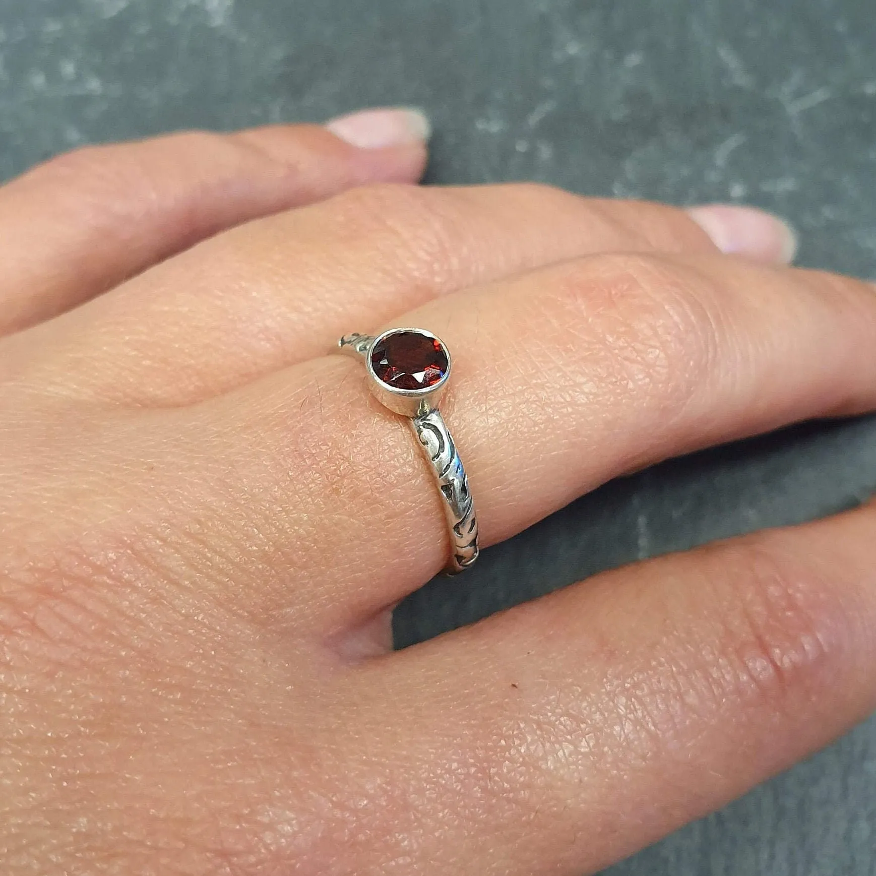 Garnet Ring - Red Boho Ring - Engraved Tribal Ring