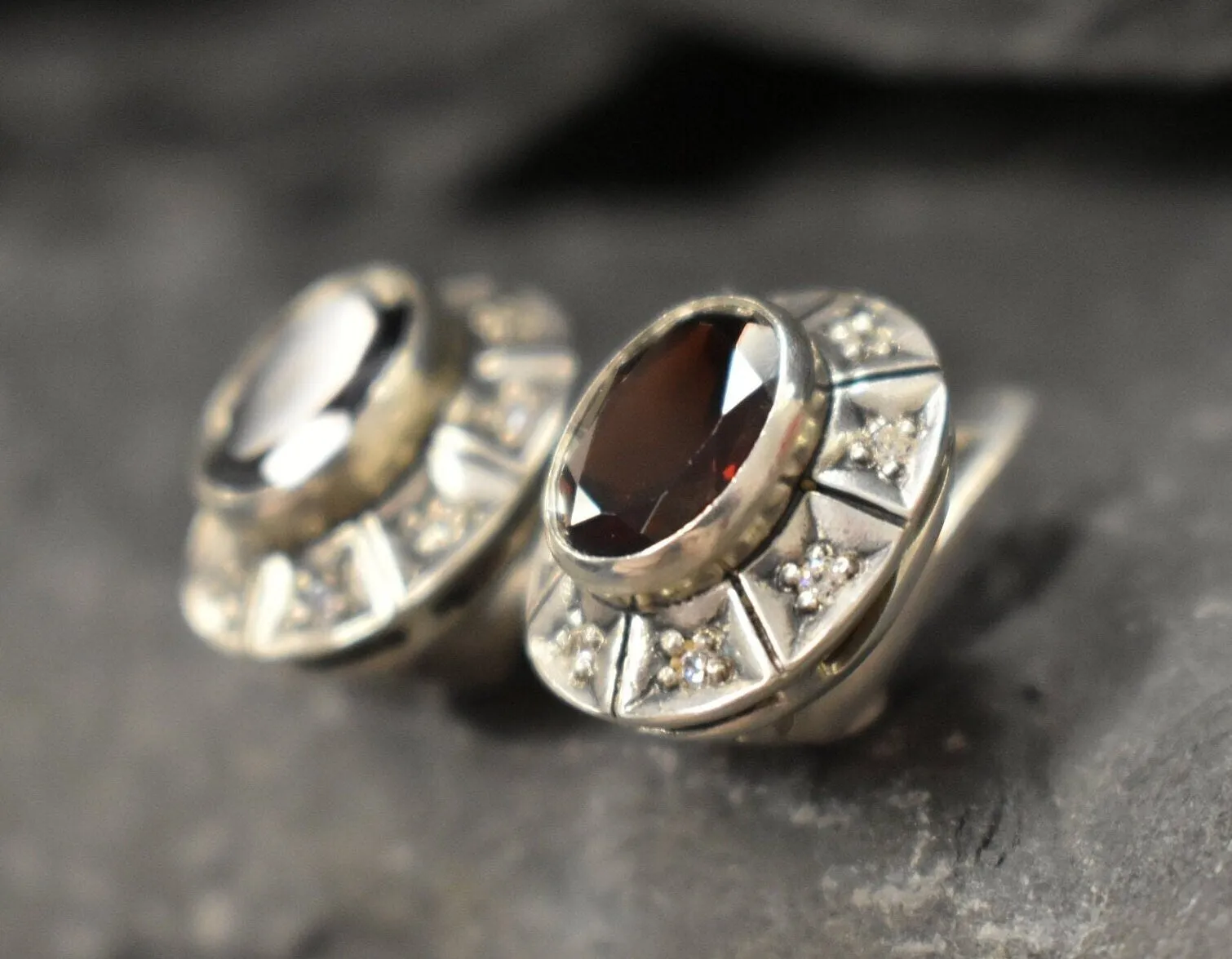 Genuine Garnet Earrings - Red Oval Studs - Vintage Boho Earrings