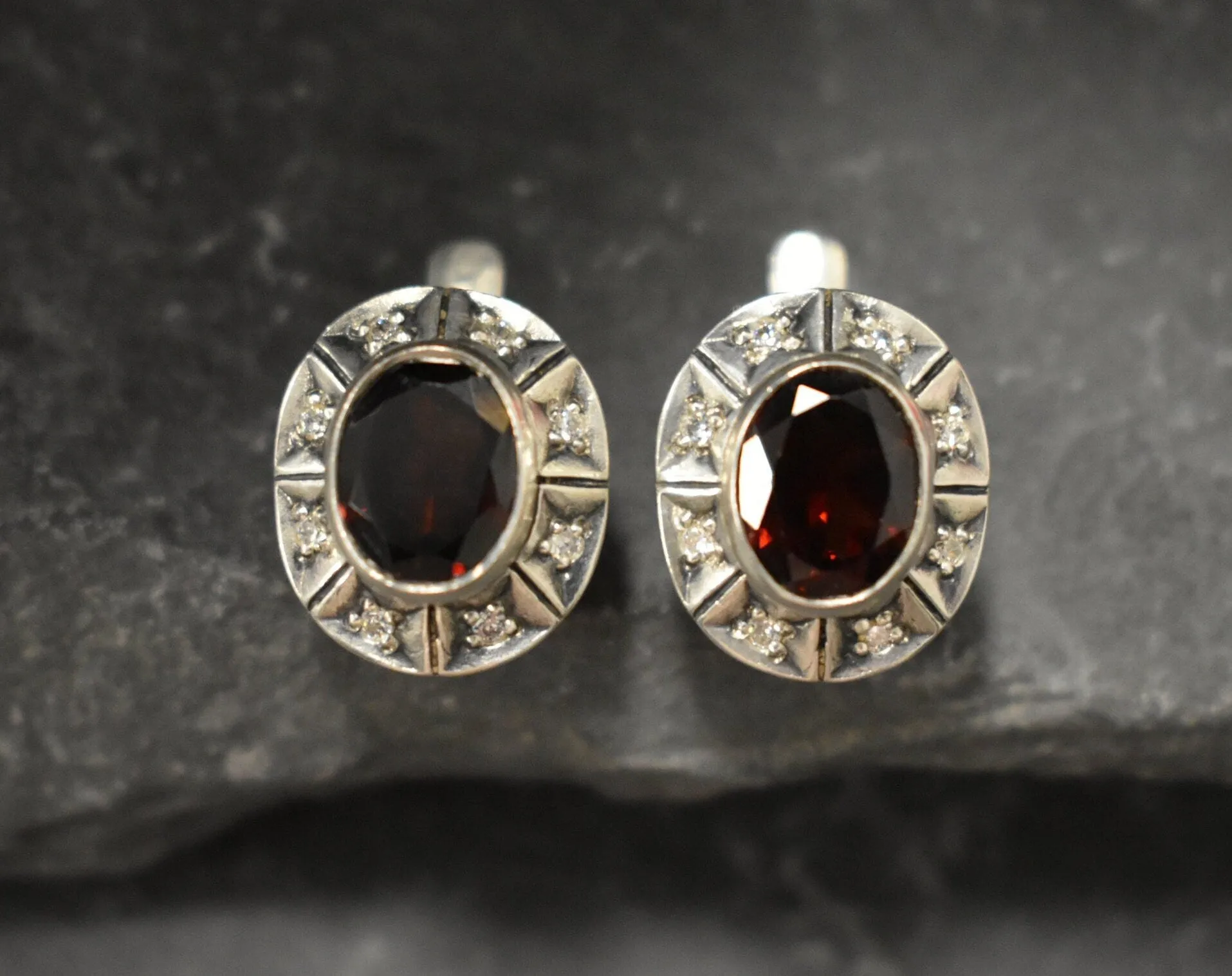 Genuine Garnet Earrings - Red Oval Studs - Vintage Boho Earrings