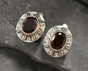 Genuine Garnet Earrings - Red Oval Studs - Vintage Boho Earrings