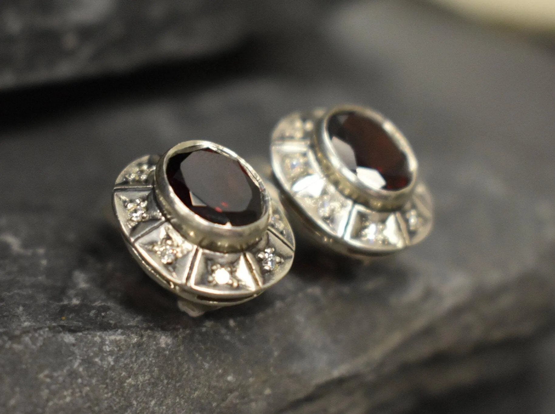 Genuine Garnet Earrings - Red Oval Studs - Vintage Boho Earrings
