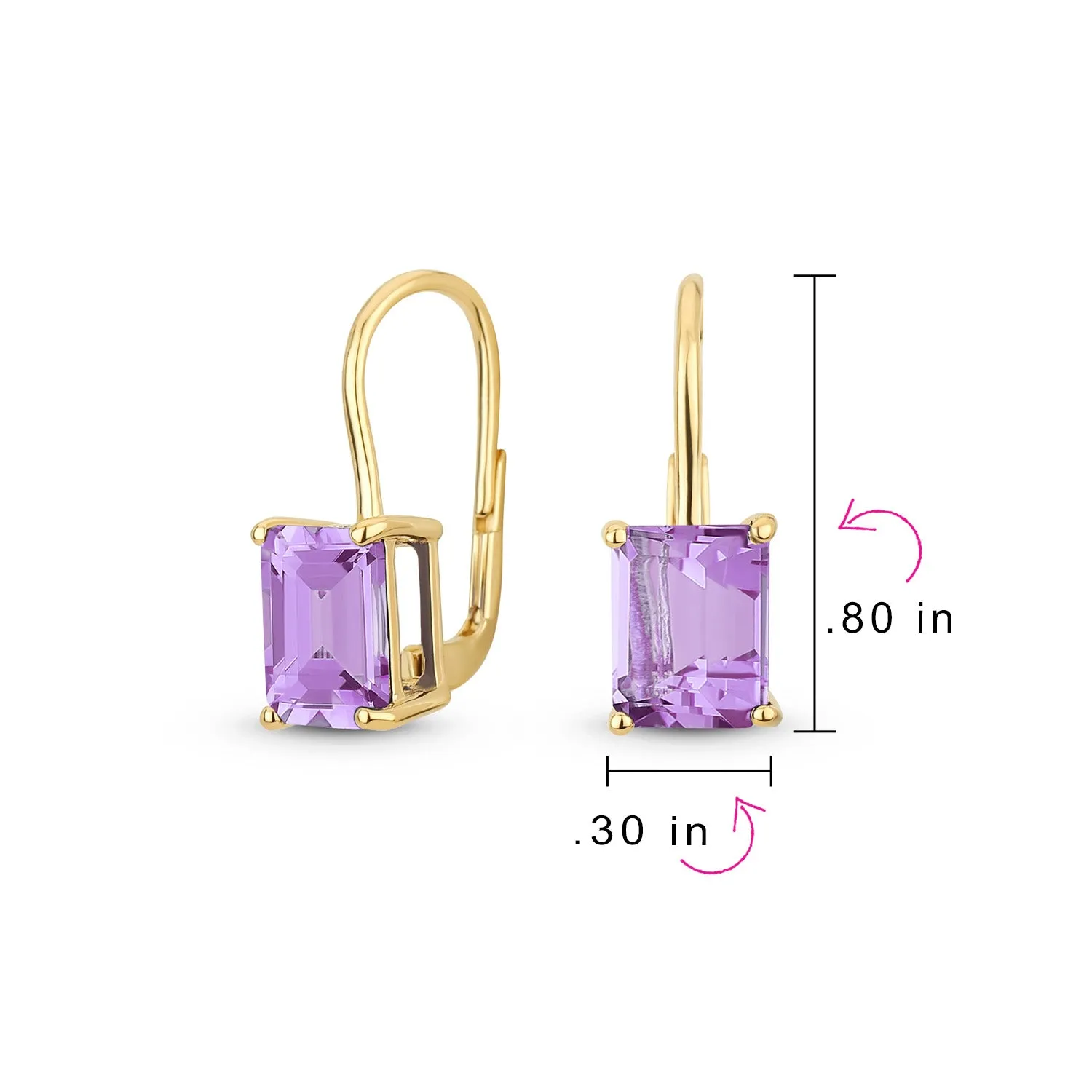 Genuine Gemstone 4.5 CT Emerald Cut Drop Earrings Gold Plated Sterling Silver