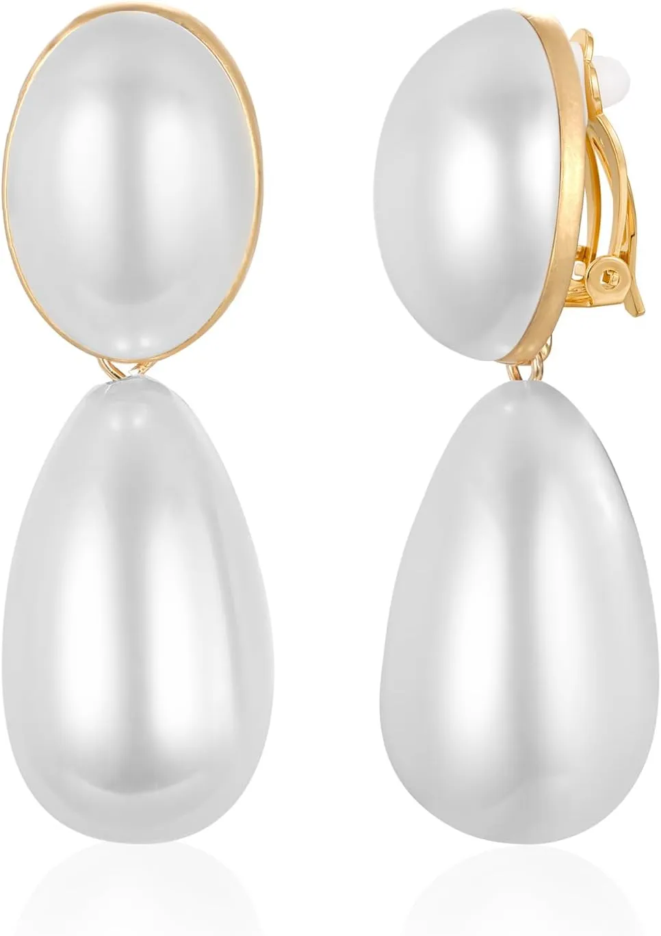 Geometric Retro Pearl Clip On Earrings for Women - Statement Drop Dangle Earrings