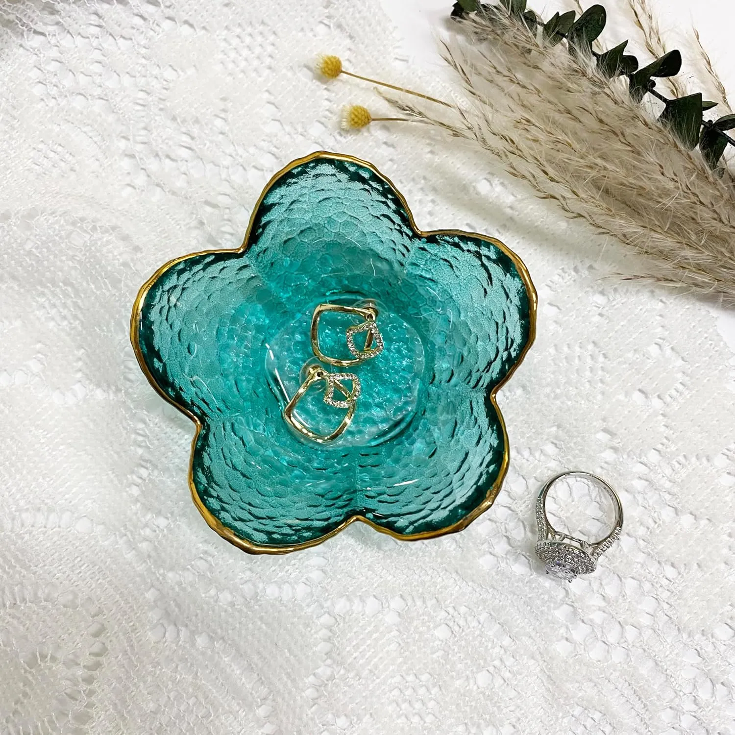 Glass Floral Jewelry Tray, Ring Dish, Trinket Organizer for Rings, Earrings, Necklaces, Bracelets, Gift for Women (Crystal Green)