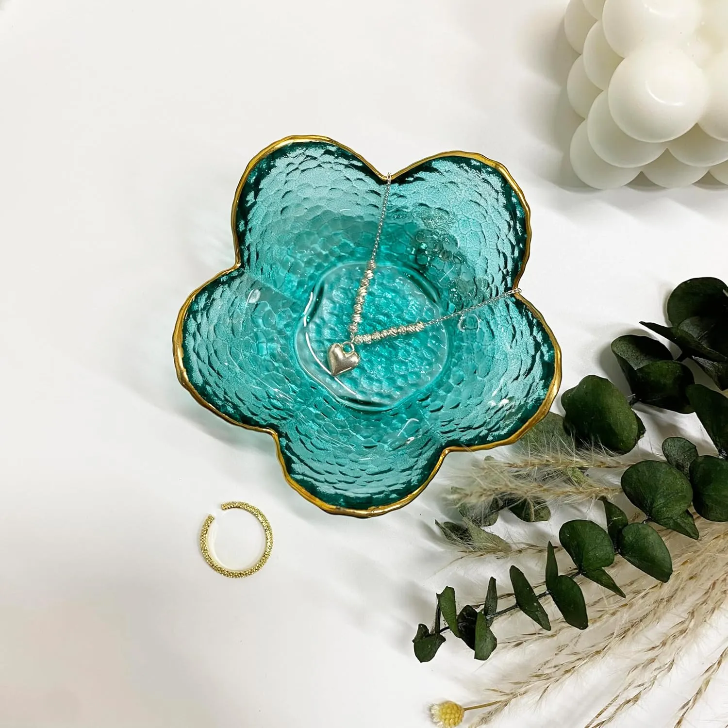 Glass Floral Jewelry Tray, Ring Dish, Trinket Organizer for Rings, Earrings, Necklaces, Bracelets, Gift for Women (Crystal Green)