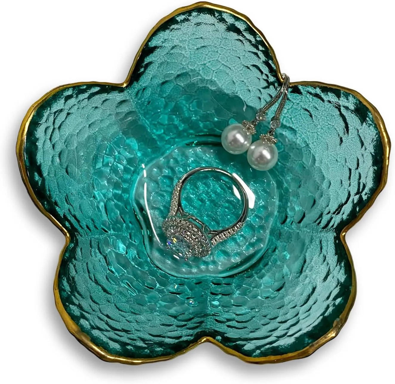 Glass Floral Jewelry Tray, Ring Dish, Trinket Organizer for Rings, Earrings, Necklaces, Bracelets, Gift for Women (Crystal Green)