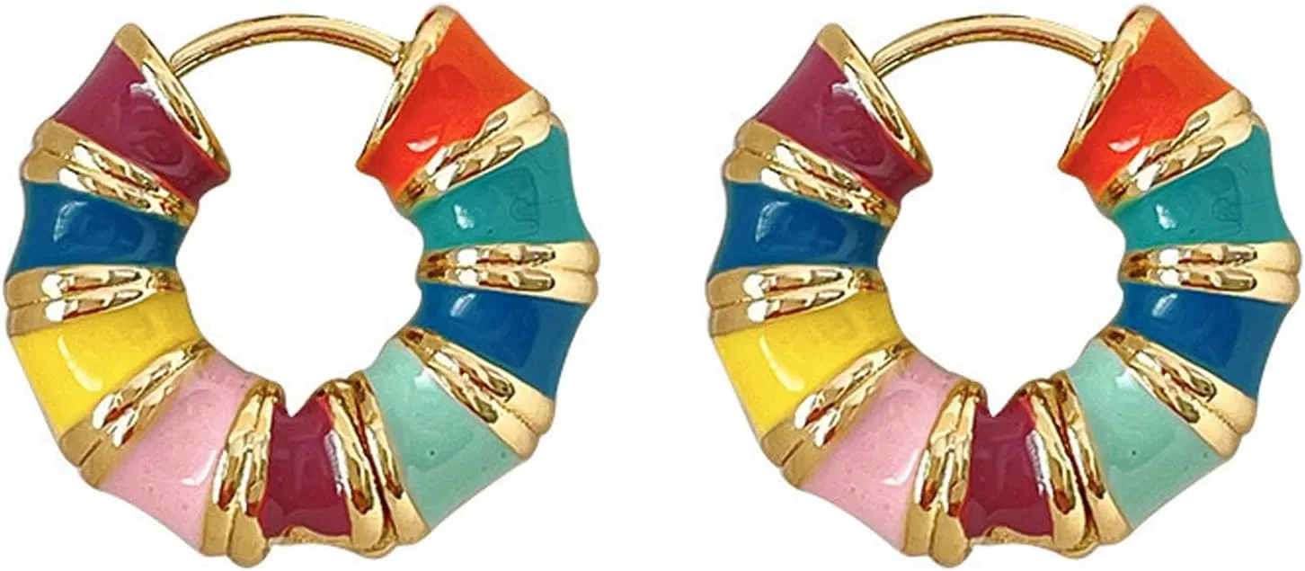 Gold Bamboo Hoop Earrings for Women Boho Colorful Enamel Huggie Hoop Earrings Hypoallergenic Small Hoops Earring for Birthday Jewelry Gifts Trendy Stuff