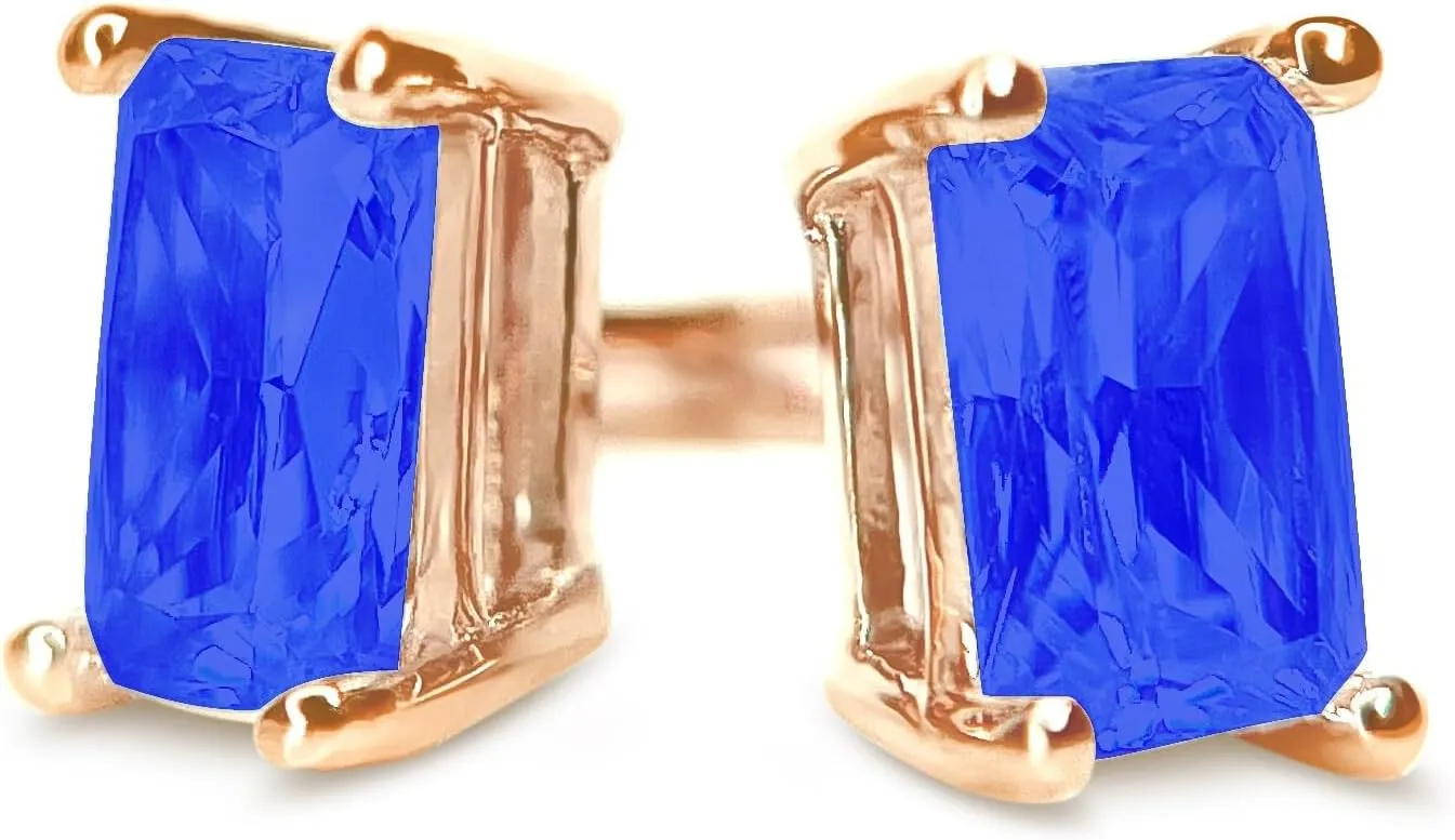 Gold Blue Diamond Studs, 14K White Yellow Rose Gold Earrings, 1.0-3.0 T.W. Emerald Cut Created Diamond, Solid Gold Earrings Screwback
