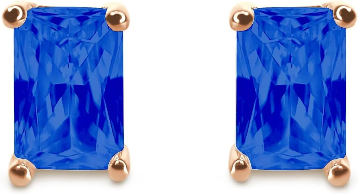 Gold Blue Diamond Studs, 14K White Yellow Rose Gold Earrings, 1.0-3.0 T.W. Emerald Cut Created Diamond, Solid Gold Earrings Screwback