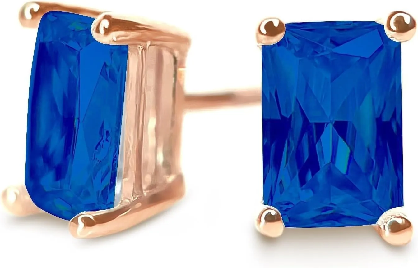 Gold Blue Diamond Studs, 14K White Yellow Rose Gold Earrings, 1.0-3.0 T.W. Emerald Cut Created Diamond, Solid Gold Earrings Screwback
