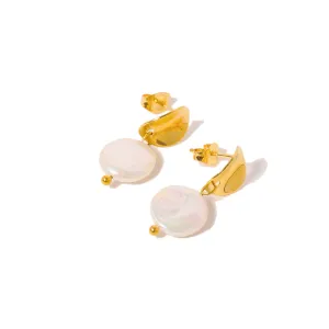 Gold Button Pearl Earrings