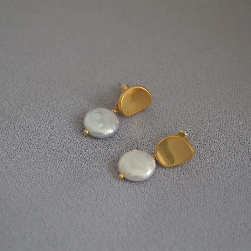 Gold Button Pearl Earrings