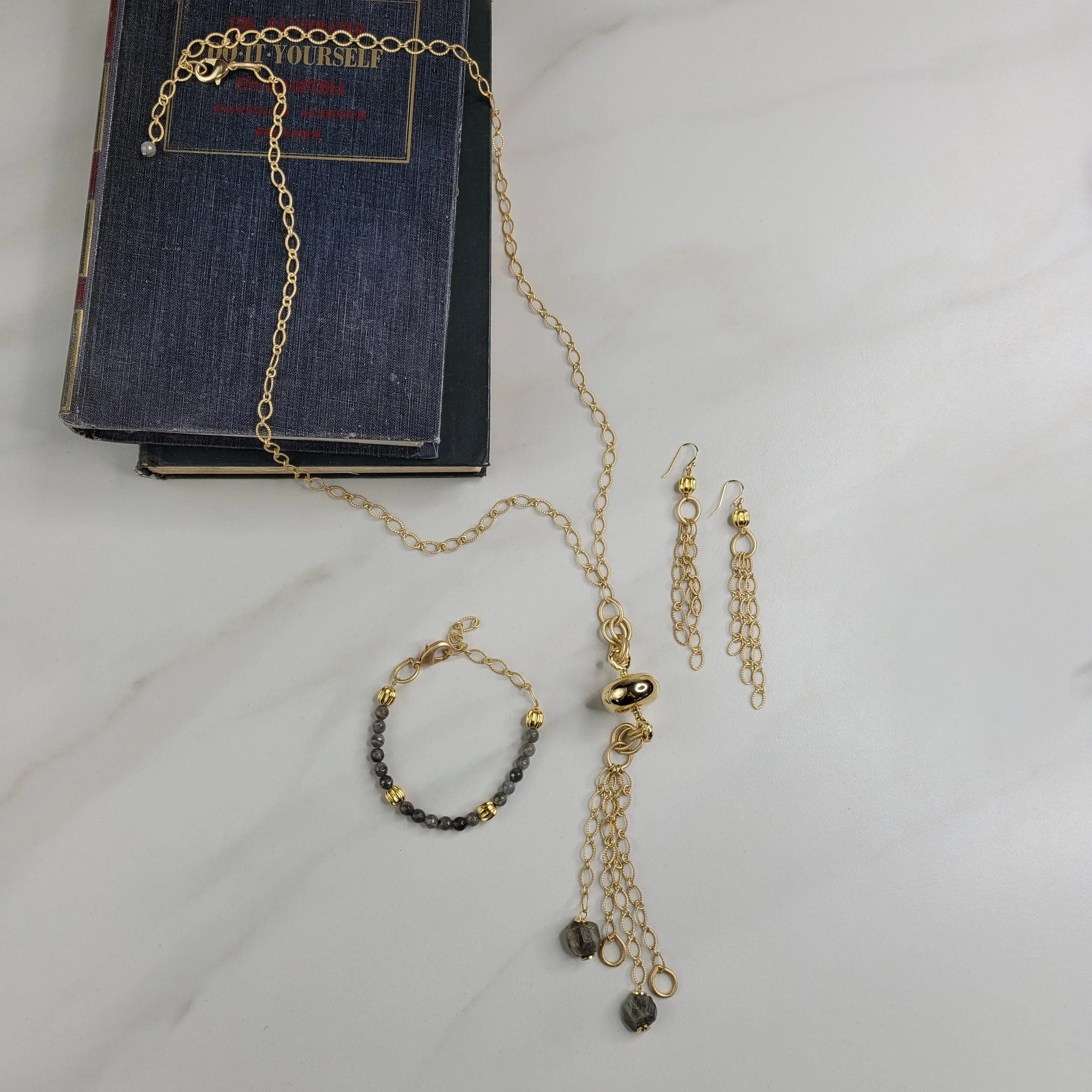 Gold Cascade Handmade Dangle Earrings - Glimmering Gold Plated Chain Flows from a Vintage Bead