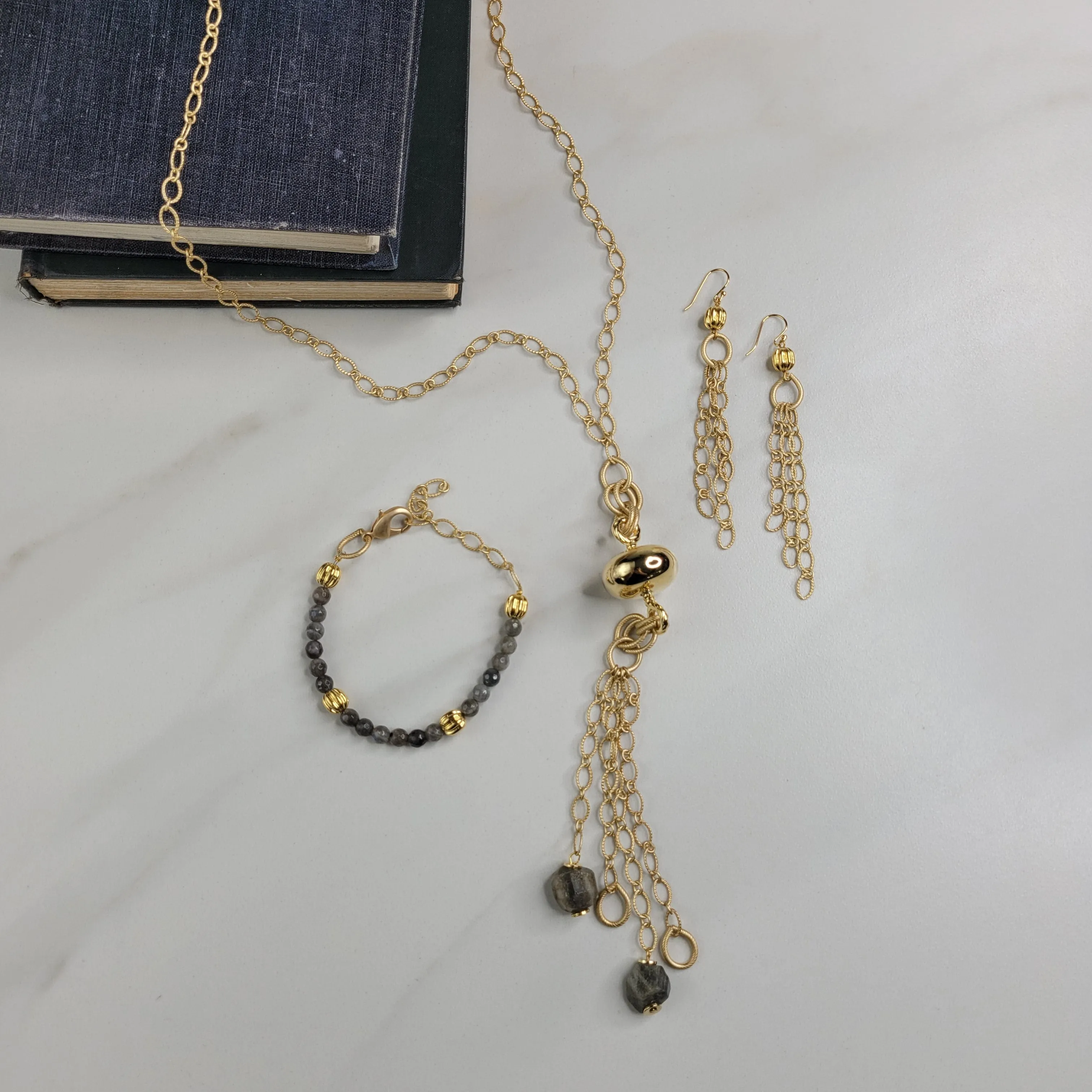 Gold Cascade Handmade Dangle Earrings - Glimmering Gold Plated Chain Flows from a Vintage Bead