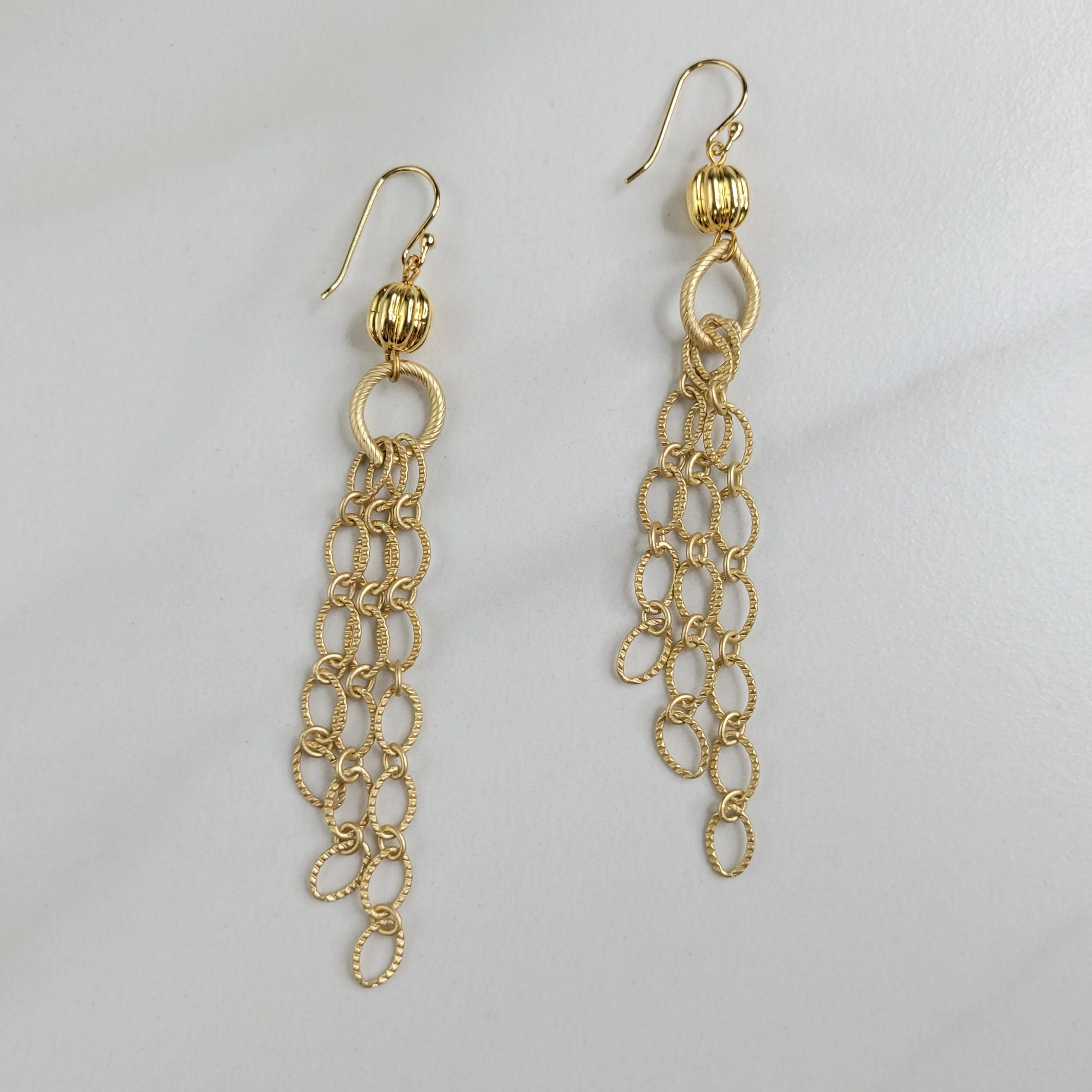 Gold Cascade Handmade Dangle Earrings - Glimmering Gold Plated Chain Flows from a Vintage Bead