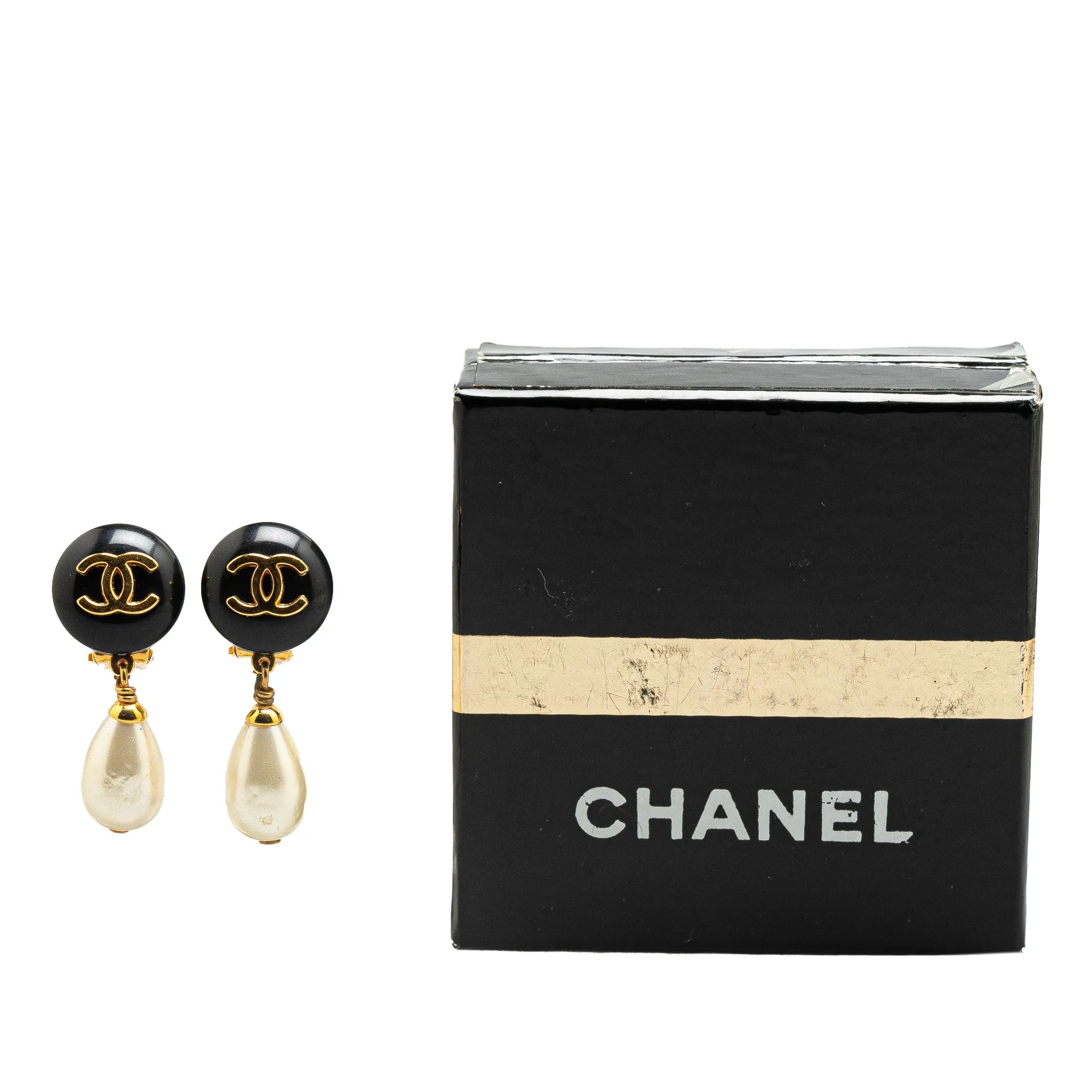 Gold Chanel Gold Plated CC Dangling Faux Pearl Clip on Earrings