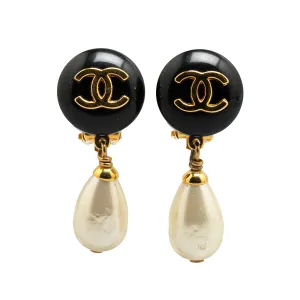 Gold Chanel Gold Plated CC Dangling Faux Pearl Clip on Earrings
