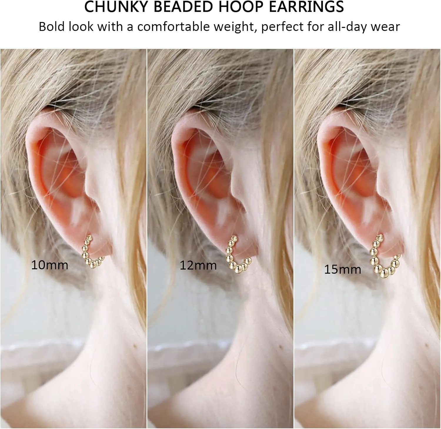 Gold Chunky Hoop Earrings for Women | Thick 925 Sterling Silver Post Beaded Ball Huggies Earrings Lightweight Hypoallergenic Hoops Jewelry Gifts, 10/12/15mm