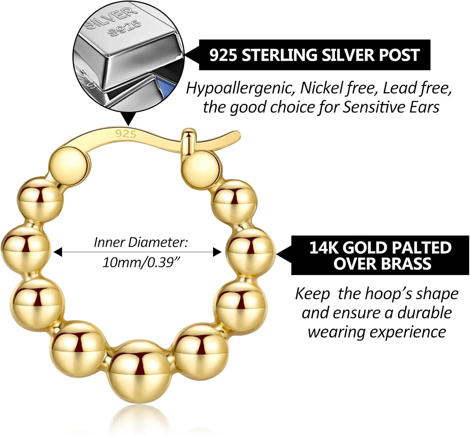 Gold Chunky Hoop Earrings for Women | Thick 925 Sterling Silver Post Beaded Ball Huggies Earrings Lightweight Hypoallergenic Hoops Jewelry Gifts, 10/12/15mm