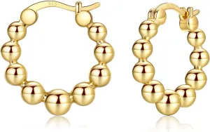 Gold Chunky Hoop Earrings for Women | Thick 925 Sterling Silver Post Beaded Ball Huggies Earrings Lightweight Hypoallergenic Hoops Jewelry Gifts, 10/12/15mm