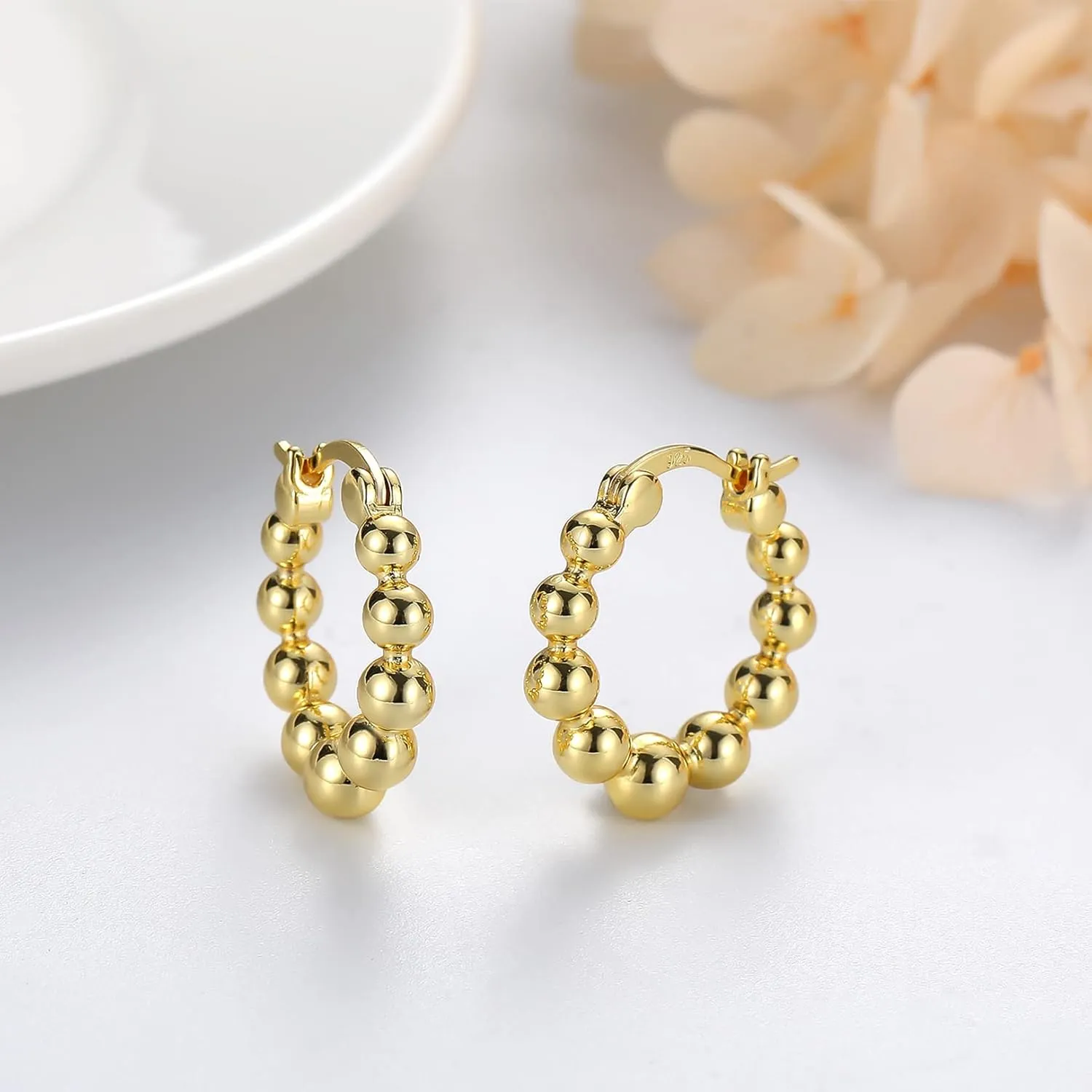 Gold Chunky Hoop Earrings for Women | Thick 925 Sterling Silver Post Beaded Ball Huggies Earrings Lightweight Hypoallergenic Hoops Jewelry Gifts, 10/12/15mm