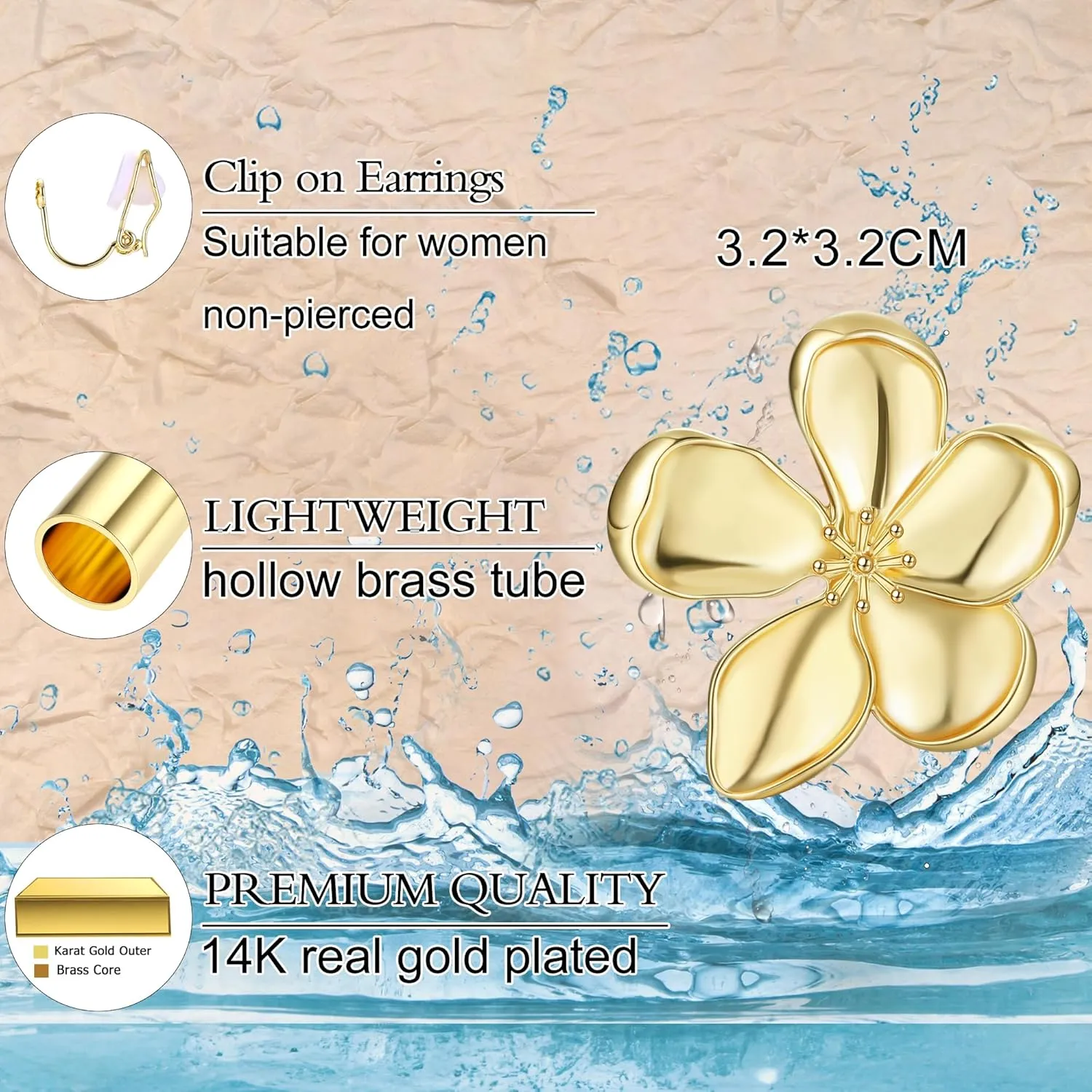 Gold Clip On Earrings for Women Trendy Non Piercing Flower Dangle Earrings Floral Earring 14K Gold Plated Lightweight Earrings for Non-Pierced Ears Fake Earrings Set